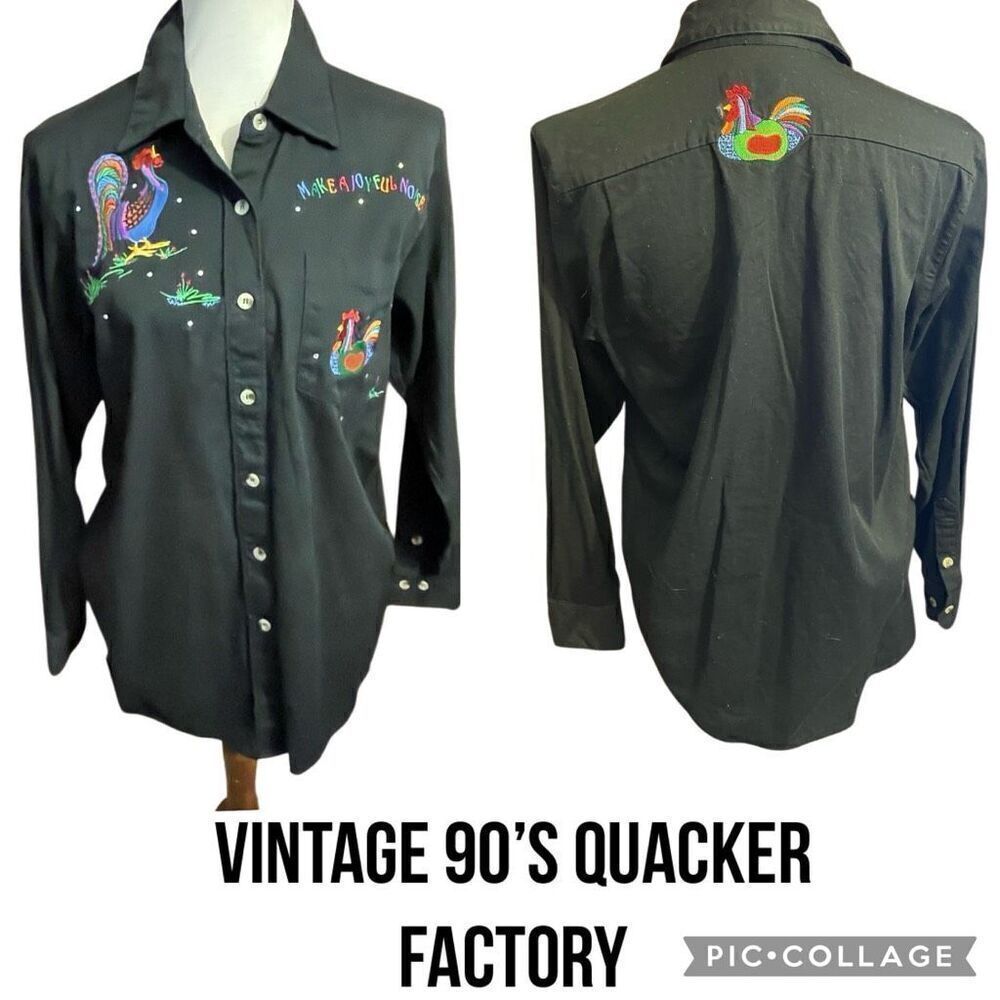 Quacker Factory Vintage 90’s Black Long Sleeve Button Down Shirt Embroidered Roo